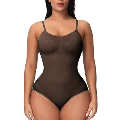 V-Neck Spaghetti Strap Compression Bodysuit with Open Crotch Shapewear for a Slimming Effect