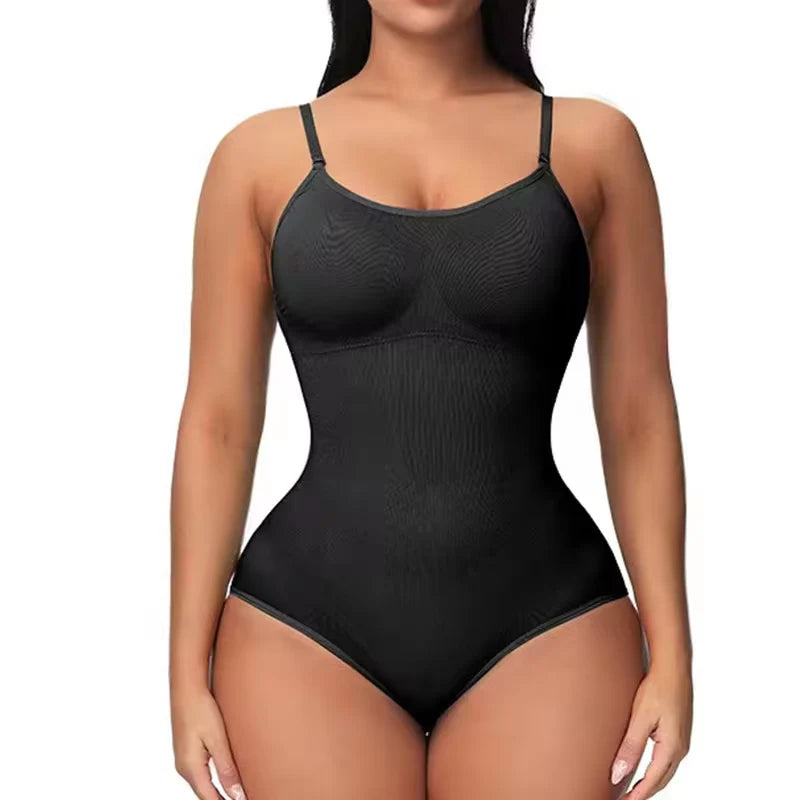 V-Neck Spaghetti Strap Compression Bodysuit with Open Crotch Shapewear for a Slimming Effect