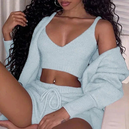 Women's 3-Piece Long Sleeve Crop Top and Drawstring Shorts Pajama Set