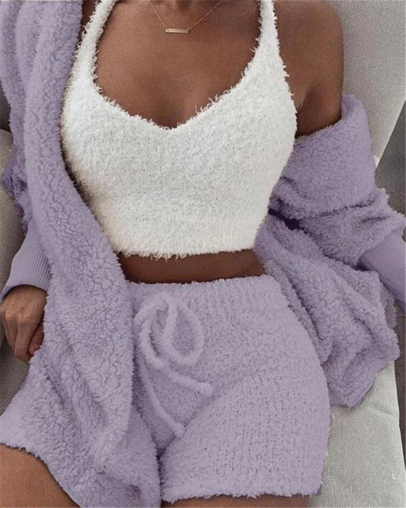 Women's 3-Piece Long Sleeve Crop Top and Drawstring Shorts Pajama Set