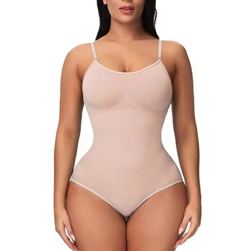 V-Neck Spaghetti Strap Compression Bodysuit with Open Crotch Shapewear for a Slimming Effect