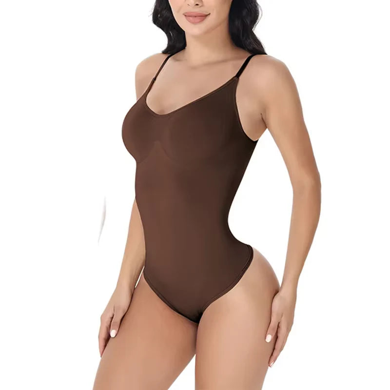 V-Neck Spaghetti Strap Compression Bodysuit with Open Crotch Shapewear for a Slimming Effect