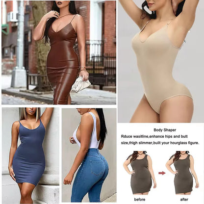 V-Neck Spaghetti Strap Compression Bodysuit with Open Crotch Shapewear for a Slimming Effect