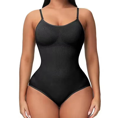 V-Neck Spaghetti Strap Compression Bodysuit with Open Crotch Shapewear for a Slimming Effect