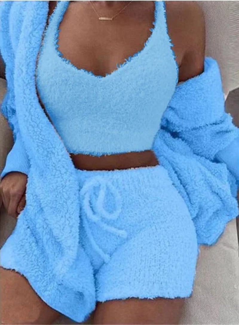 Women's 3-Piece Long Sleeve Crop Top and Drawstring Shorts Pajama Set