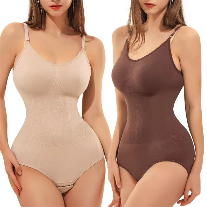 V-Neck Spaghetti Strap Compression Bodysuit with Open Crotch Shapewear for a Slimming Effect