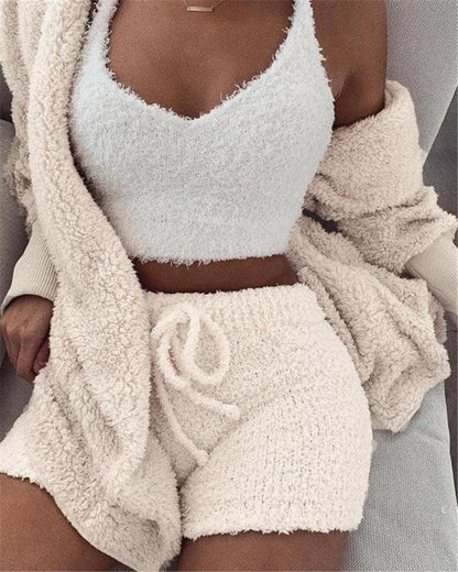 Women's 3-Piece Long Sleeve Crop Top and Drawstring Shorts Pajama Set