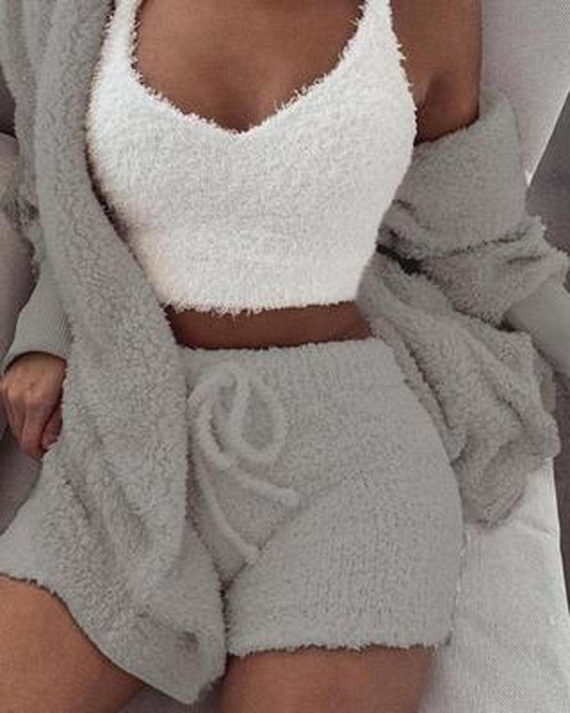 Women's 3-Piece Long Sleeve Crop Top and Drawstring Shorts Pajama Set